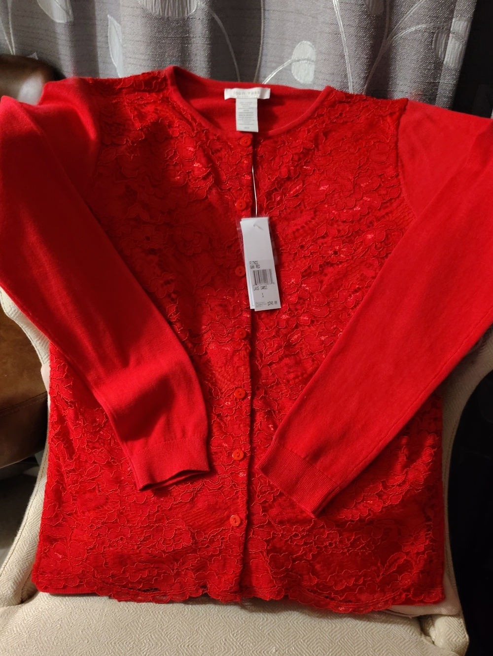 Joan Vass Red Lace-Front Cardigan